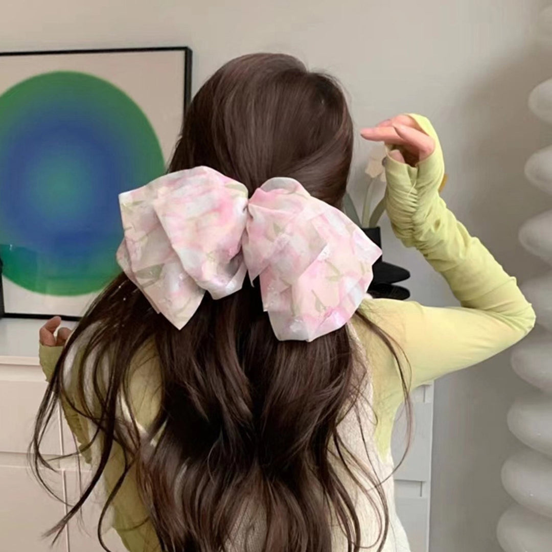 Women Hair Barrette Fabric Bow Floral Print Multi-layered Mesh Anti-slip Decorative Large Size Stainless Lady Girls Image 6
