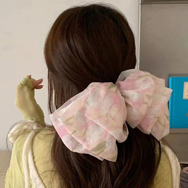 Women Hair Barrette Fabric Bow Floral Print Multi-layered Mesh Anti-slip Decorative Large Size Stainless Lady Girls Image 7