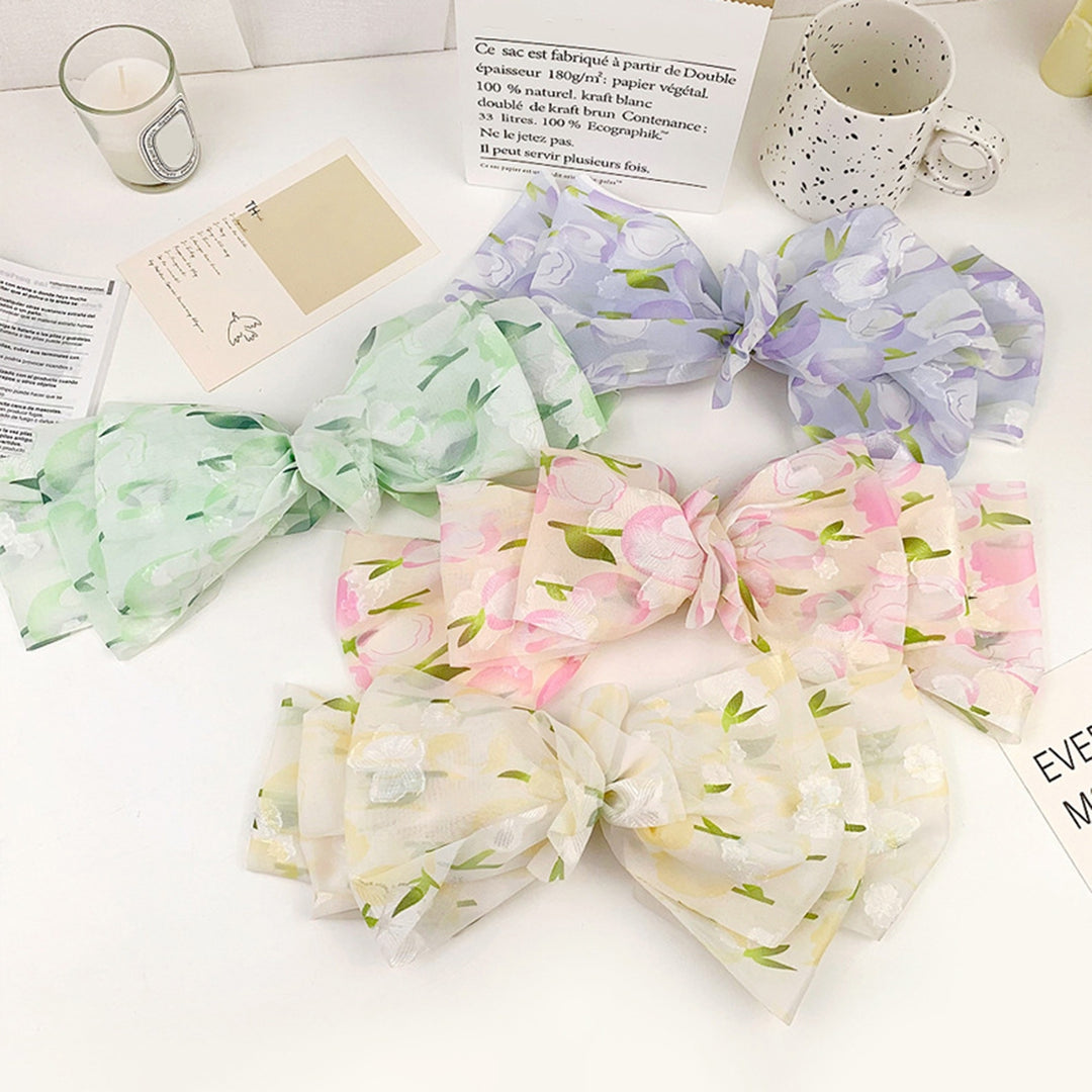 Women Hair Barrette Fabric Bow Floral Print Multi-layered Mesh Anti-slip Decorative Large Size Stainless Lady Girls Image 9