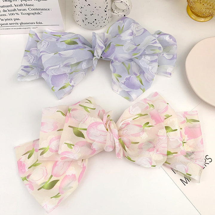 Women Hair Barrette Fabric Bow Floral Print Multi-layered Mesh Anti-slip Decorative Large Size Stainless Lady Girls Image 10