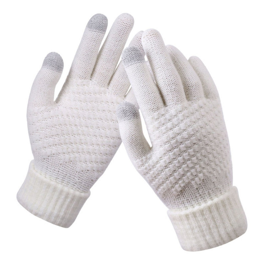 1 Pair Full Fingers Solid Color Knitting Gloves Fleece Lining High Elastic Unisex Touch Screen Thickened Gloves Cycling Image 1