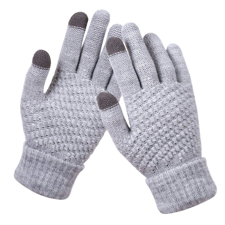 1 Pair Full Fingers Solid Color Knitting Gloves Fleece Lining High Elastic Unisex Touch Screen Thickened Gloves Cycling Image 1