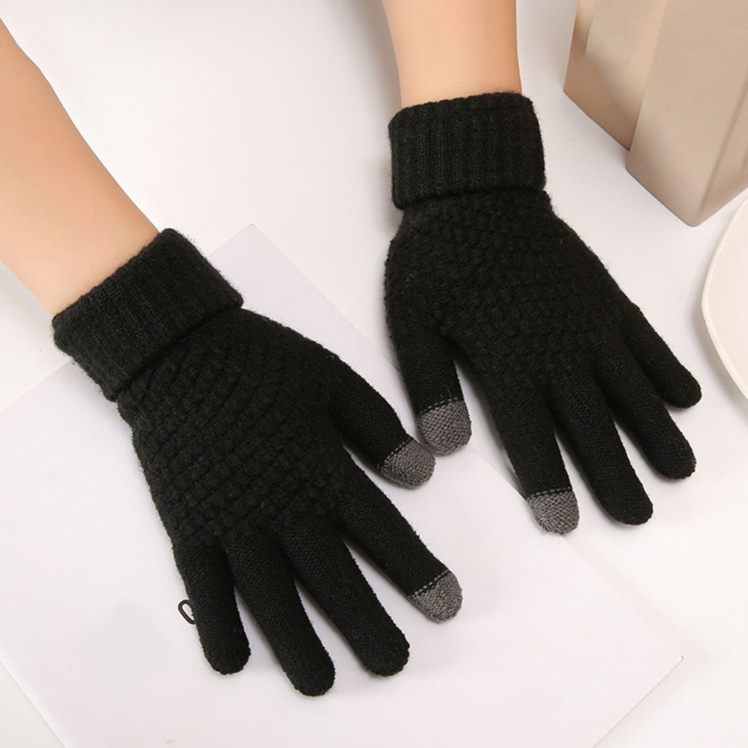 1 Pair Full Fingers Solid Color Knitting Gloves Fleece Lining High Elastic Unisex Touch Screen Thickened Gloves Cycling Image 6