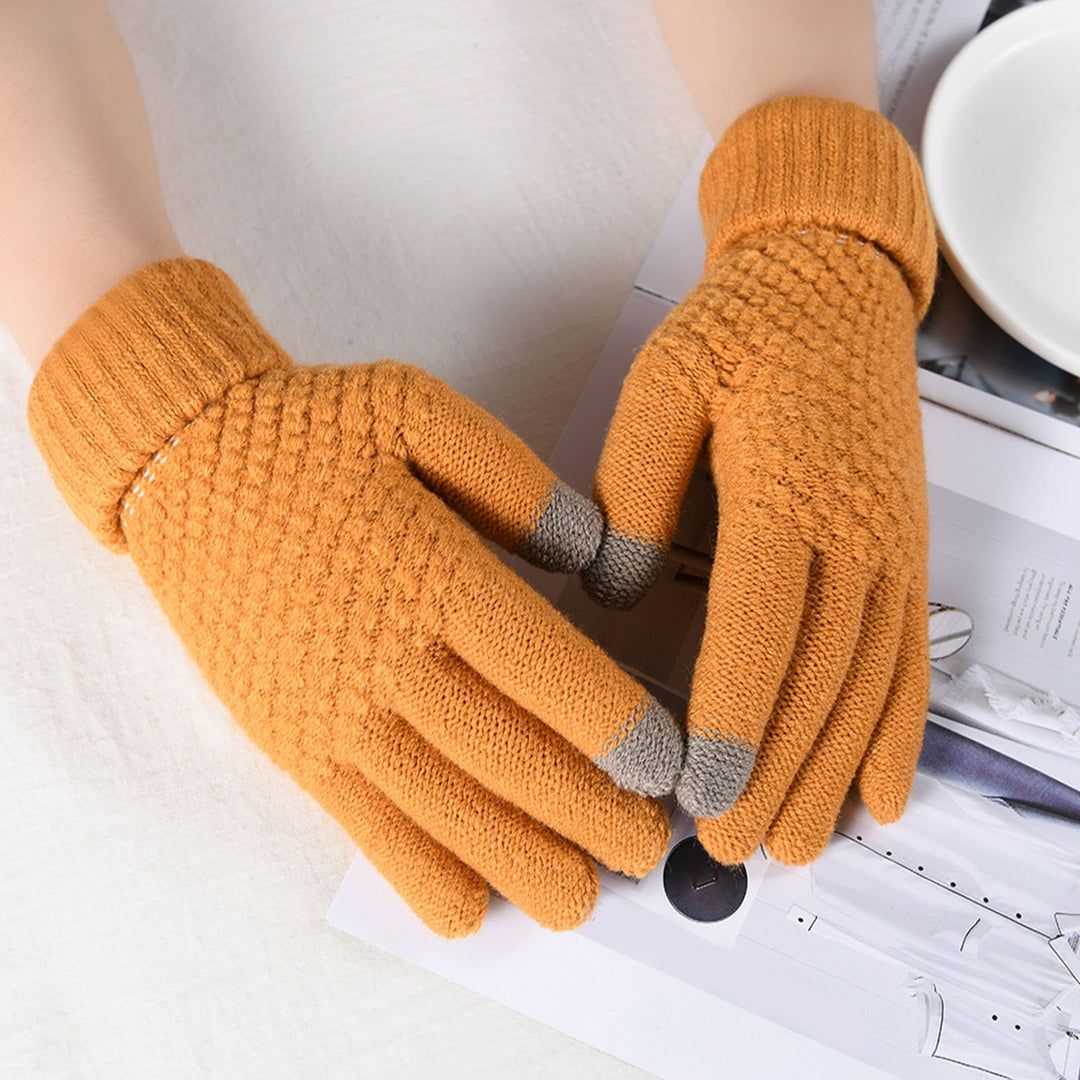 1 Pair Full Fingers Solid Color Knitting Gloves Fleece Lining High Elastic Unisex Touch Screen Thickened Gloves Cycling Image 8