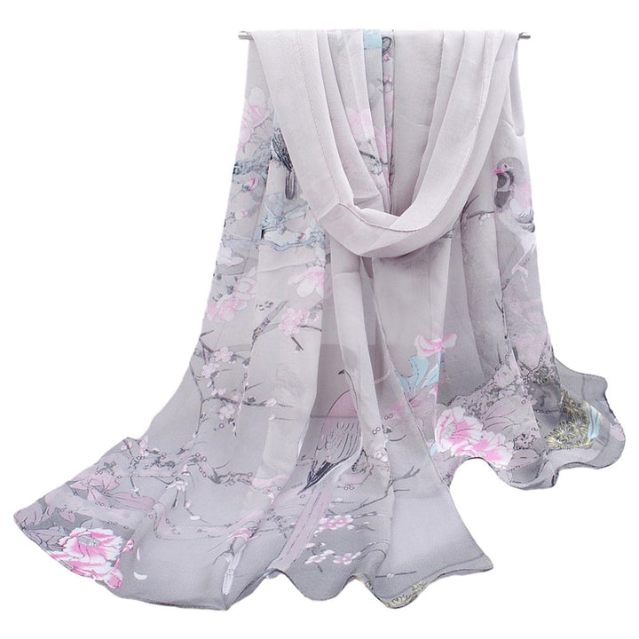 Chic Women Scarf Floral Print Bird Pattern Silky Colorful Wide Sunshade Chiffon Washable Travel Ladies Shawl Clothes Image 1