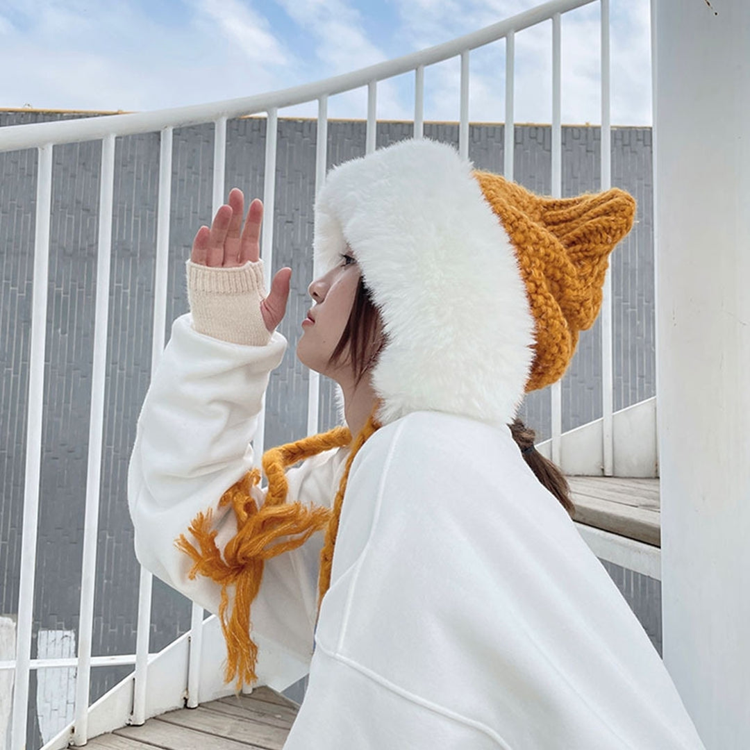 Knitted Hat High Elastic Super Soft Ultra-Thick Cat Ear Design Decorative Acrylic Ear Protection Winter Warm Hat Knitted Image 6