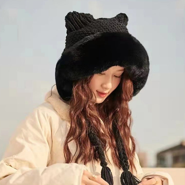 Knitted Hat High Elastic Super Soft Ultra-Thick Cat Ear Design Decorative Acrylic Ear Protection Winter Warm Hat Knitted Image 8