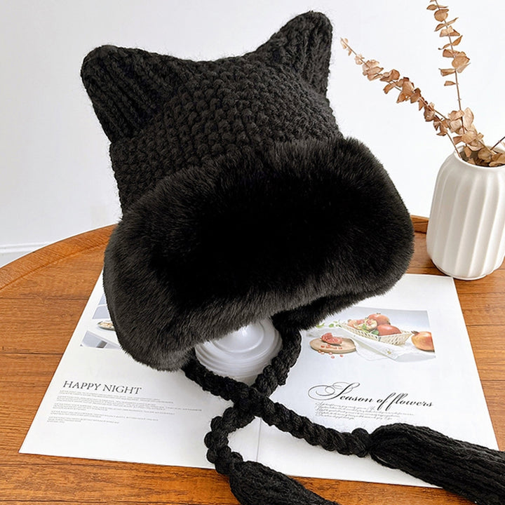 Knitted Hat High Elastic Super Soft Ultra-Thick Cat Ear Design Decorative Acrylic Ear Protection Winter Warm Hat Knitted Image 11