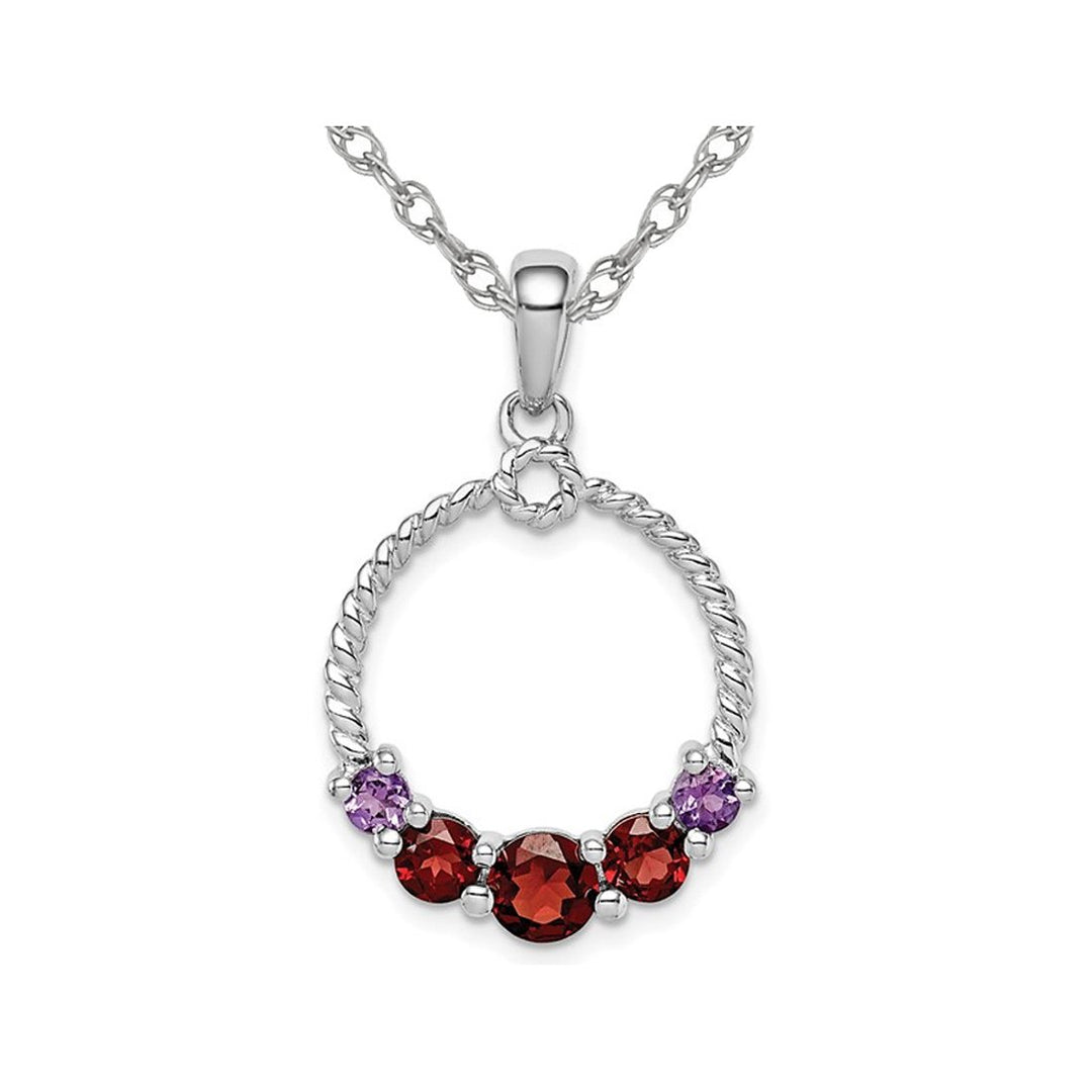 1.40 Carat (ctw) Garnet and Amethyst Circle Pendant Necklace in Sterling Silver with Chain Image 1