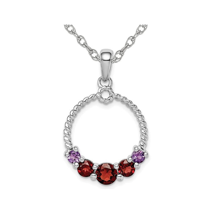 1.40 Carat (ctw) Garnet and Amethyst Circle Pendant Necklace in Sterling Silver with Chain Image 1