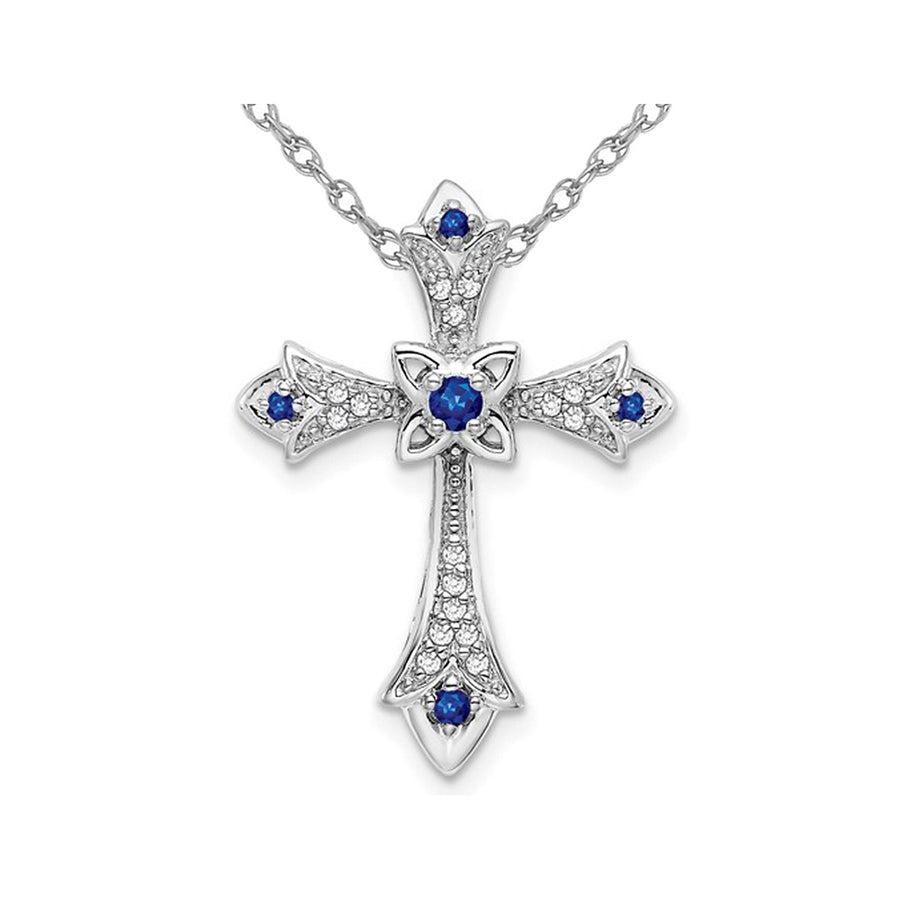 1/10 Carat (ctw) Blue Sapphire Cross Pendant Necklace with Diamonds in 10K White Gold with Chain Image 1