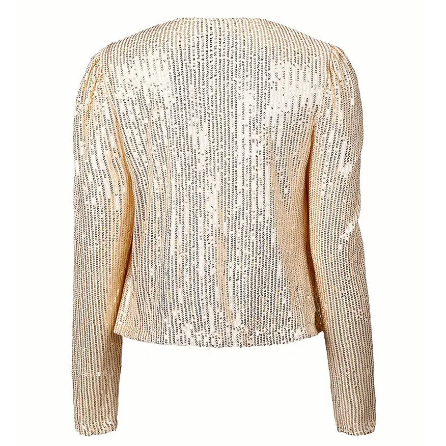 Sequined Solid Jacket Casual Open Front Crew Neck Long Sleeve Outerwear Womens Clothing Image 4