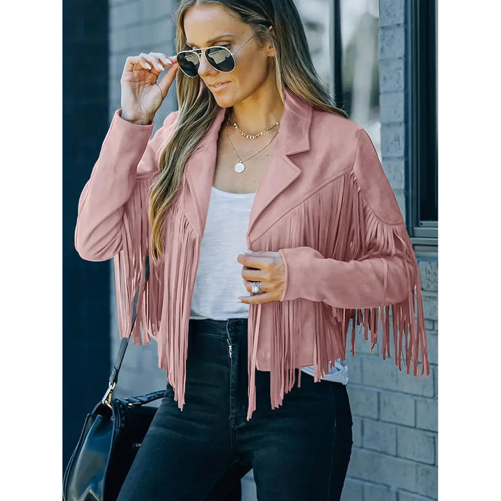 Cropped Fringe Suede Faux Leather Motorcycle Jacket Fashion Tassel Lightweight Solid Jacket Womens Clothing Image 1