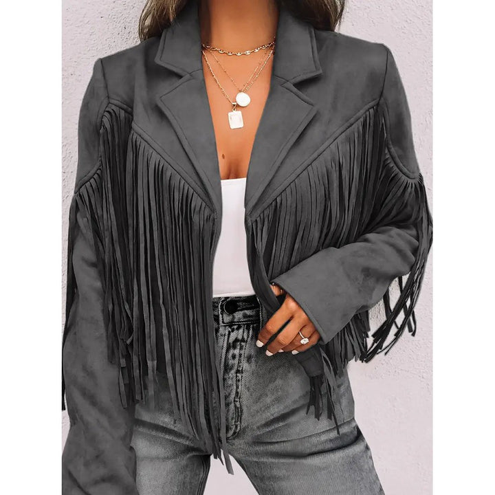 Cropped Fringe Suede Faux Leather Motorcycle Jacket Fashion Tassel Lightweight Solid Jacket Womens Clothing Image 3