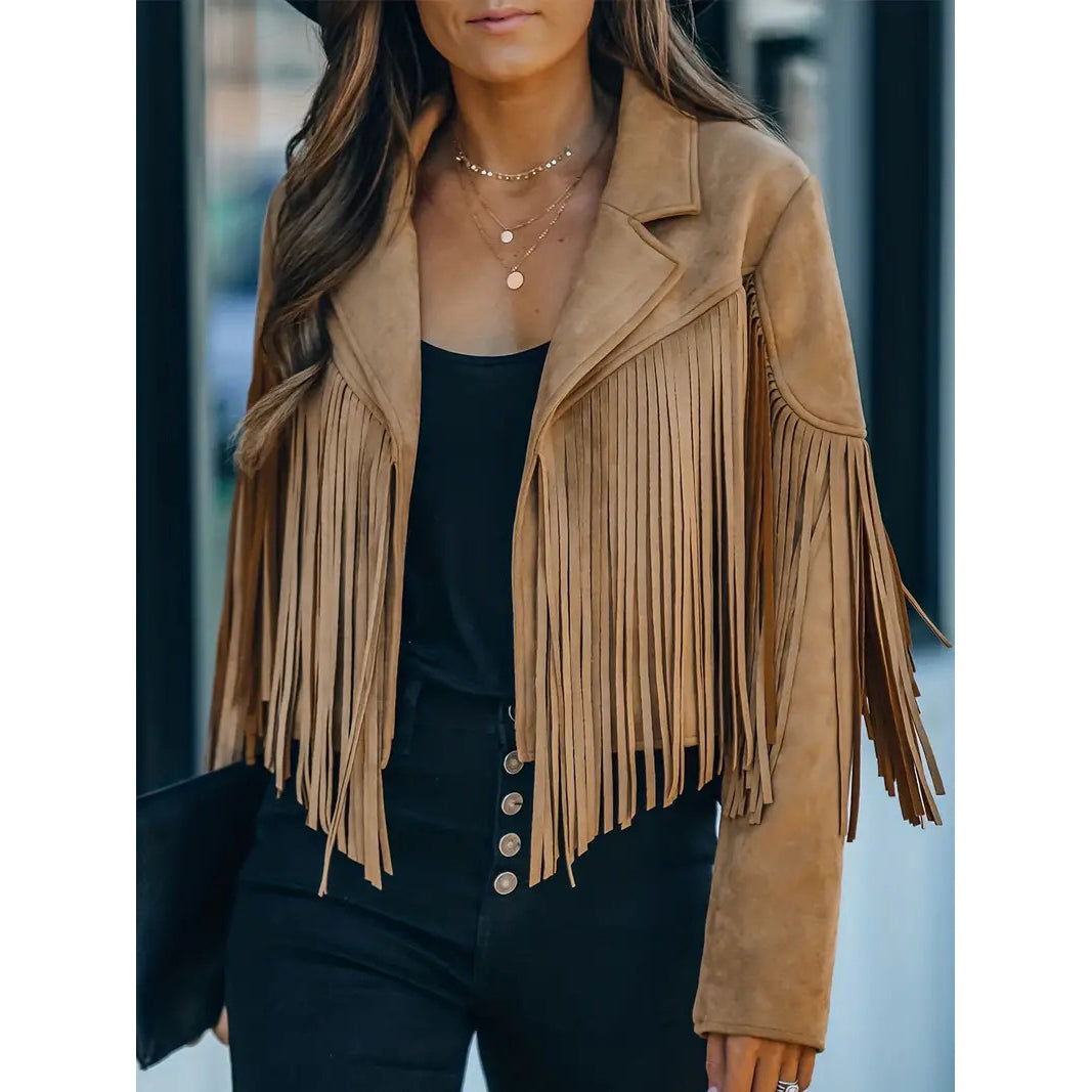 Cropped Fringe Suede Faux Leather Motorcycle Jacket Fashion Tassel Lightweight Solid Jacket Womens Clothing Image 4