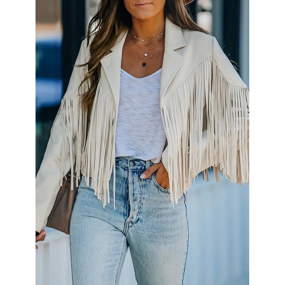 Cropped Fringe Suede Faux Leather Motorcycle JacketFashion Tassel Lightweight Solid JacketWomens Clothing Image 2