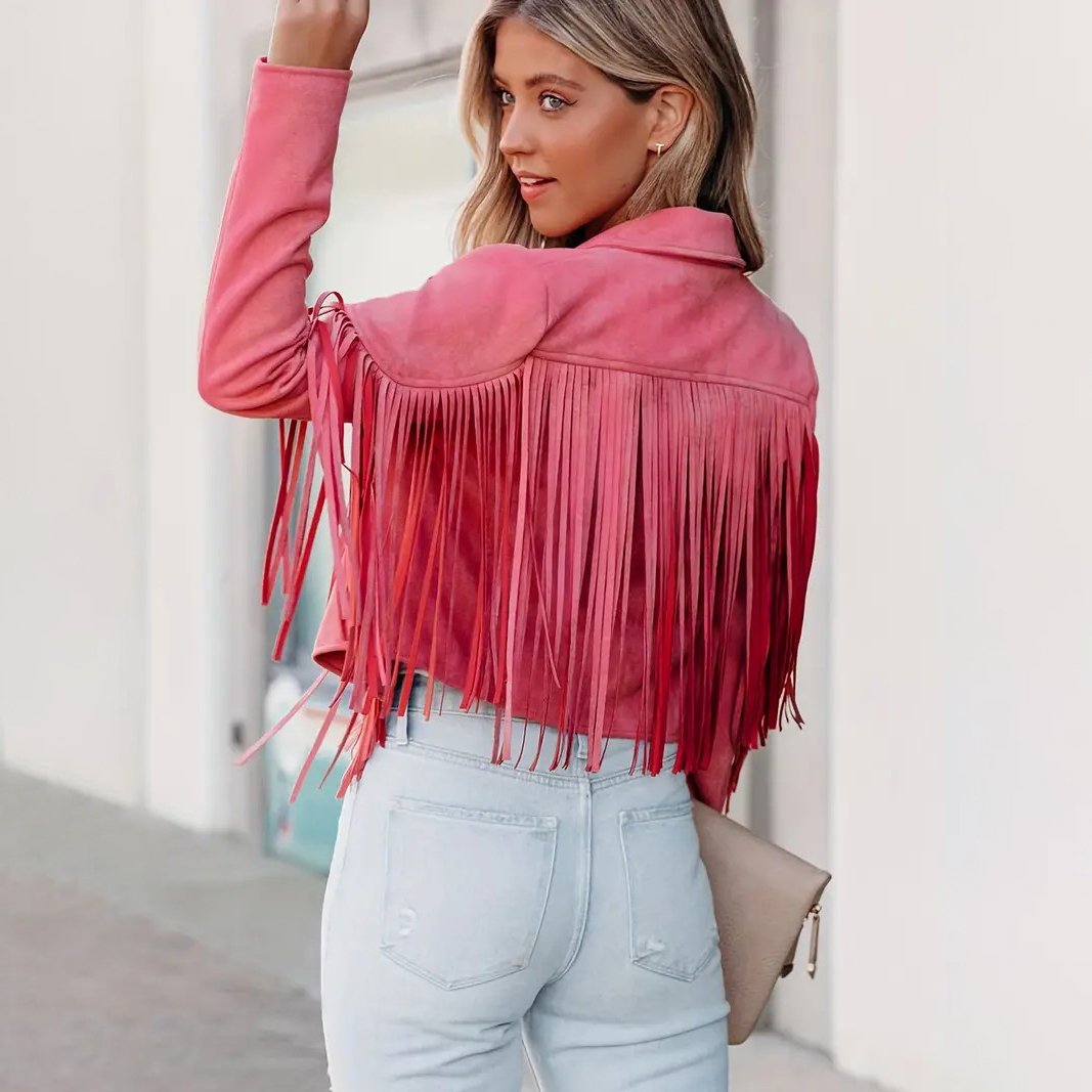 Cropped Fringe Suede Faux Leather Motorcycle Jacket Fashion Tassel Lightweight Solid Jacket Womens Clothing Image 9