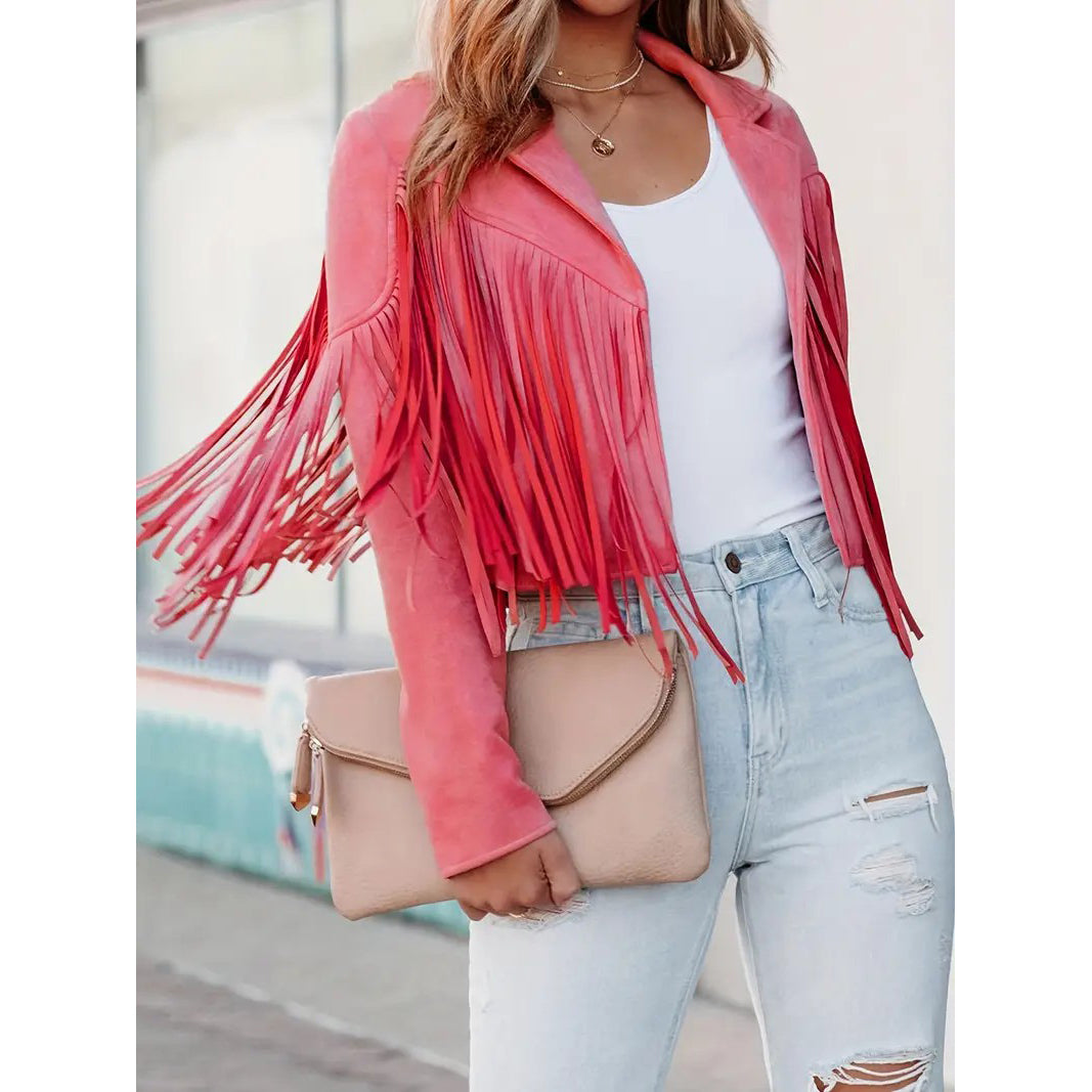 Cropped Fringe Suede Faux Leather Motorcycle Jacket Fashion Tassel Lightweight Solid Jacket Womens Clothing Image 10