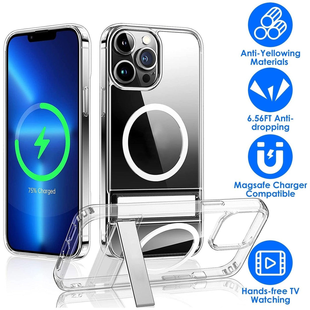 Magnetic Metal Kickstand Clear Case Shockproof Anti Yellowing Phone Cover Work with Magsafe Fit for IOS Phone Image 1