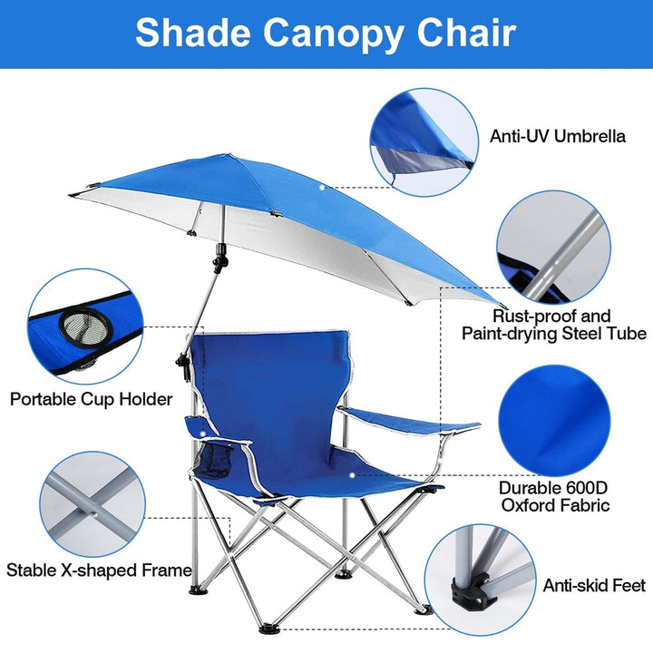 Foldable Beach Chair with Detachable Umbrella Armrest Adjustable Canopy Stool with Cup Holder Carry Bag for Camping Image 4