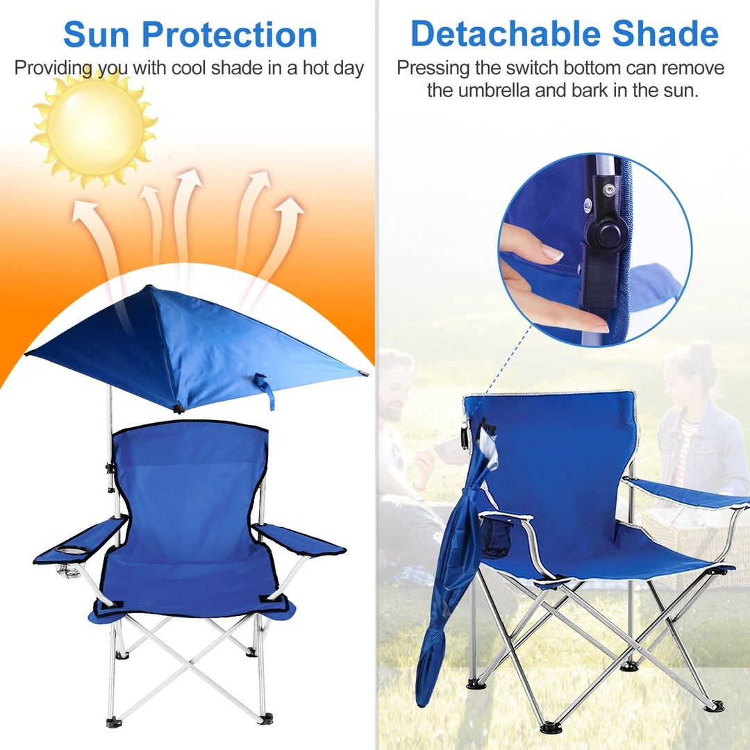 Foldable Beach Chair with Detachable Umbrella Armrest Adjustable Canopy Stool with Cup Holder Carry Bag for Camping Image 4