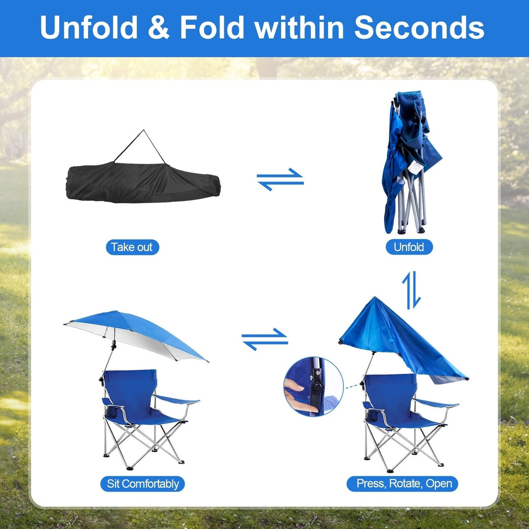 Foldable Beach Chair with Detachable Umbrella Armrest Adjustable Canopy Stool with Cup Holder Carry Bag for Camping Image 8