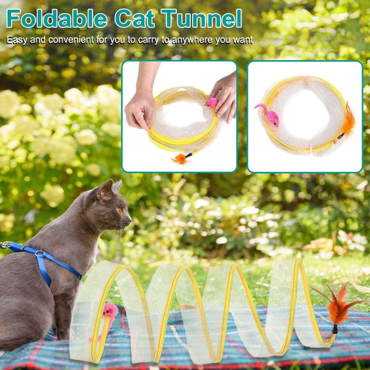 2Pcs Foldable Cat Tunnel with Bell Feather Mouse Toys Collapsible Indoor Cat Spring Tube with Interactive Toy for Image 3