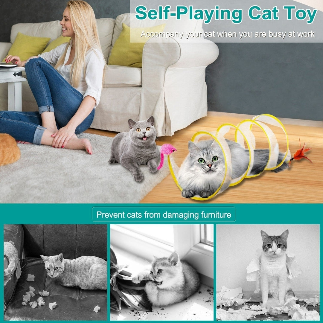 2Pcs Foldable Cat Tunnel with Bell Feather Mouse Toys Collapsible Indoor Cat Spring Tube with Interactive Toy for Image 4