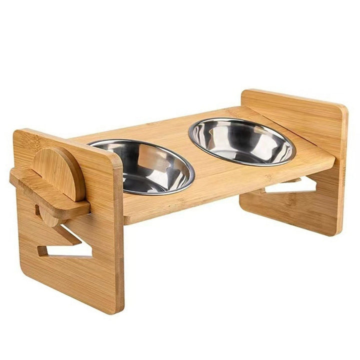 Bamboo Double Dog Raised Bowls 15 Degree Tilt Elevated Dog Bowls with 4 Adjustable Heights 2 Stainless Steel Bowls Pet Image 3