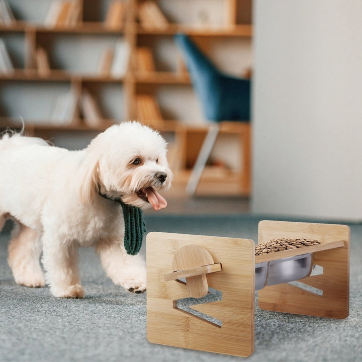 Bamboo Double Dog Raised Bowls 15 Degree Tilt Elevated Dog Bowls with 4 Adjustable Heights 2 Stainless Steel Bowls Pet Image 9