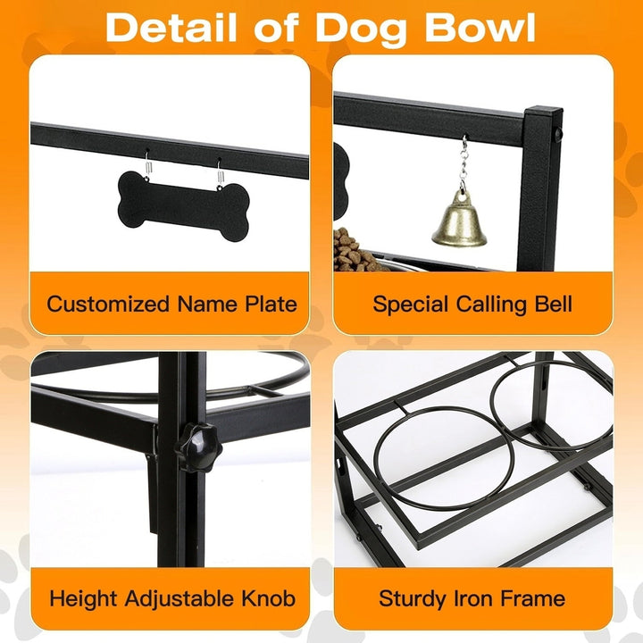 Dog Raised Bowls with 4.1 to 12.4in Adjustable Height Stainless Steel Elevated Double Dog Bowls with Bell Name Plate Image 4