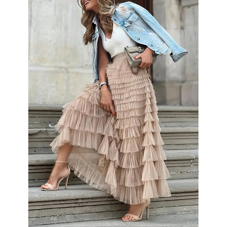 Solid Ruffle Trim Layered Mesh SkirtVersatile High Waist Maxi Skirt For Spring and FallWomens Clothing Image 1