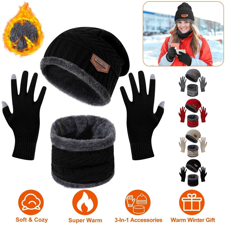 Winter Knitted Hat Scarf Gloves 3Pcs Winter Warm Beanie and Touch Screen Gloves Scarf Set Knit Beanie Skull Cap Neck Image 1