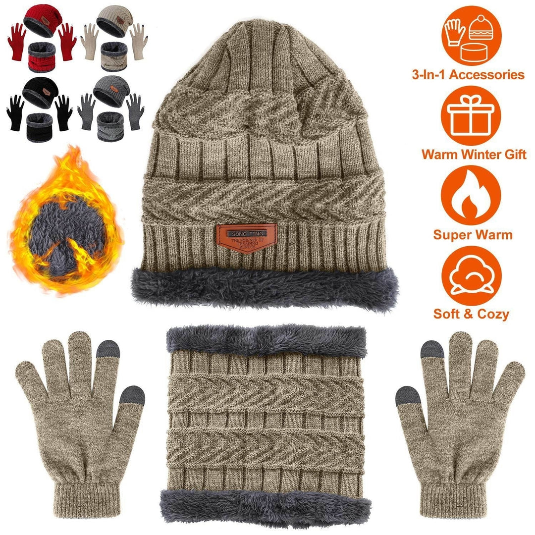 Winter Knitted Hat Scarf Gloves 3Pcs Winter Warm Beanie and Touch Screen Gloves Scarf Set Knit Beanie Skull Cap Neck Image 2