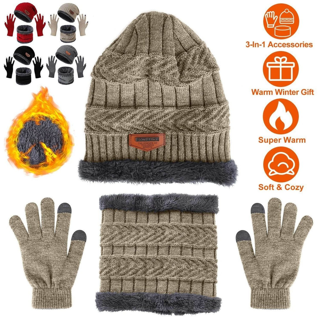 Winter Knitted Hat Scarf Gloves 3Pcs Winter Warm Beanie and Touch Screen Gloves Scarf Set Knit Beanie Skull Cap Neck Image 1