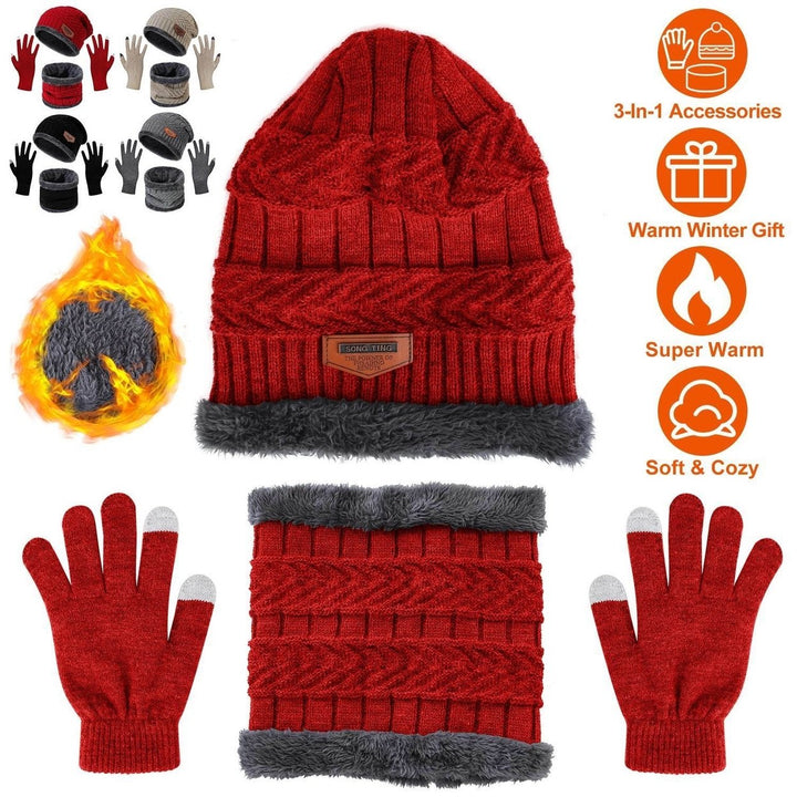 Winter Knitted Hat Scarf Gloves 3Pcs Winter Warm Beanie and Touch Screen Gloves Scarf Set Knit Beanie Skull Cap Neck Image 1