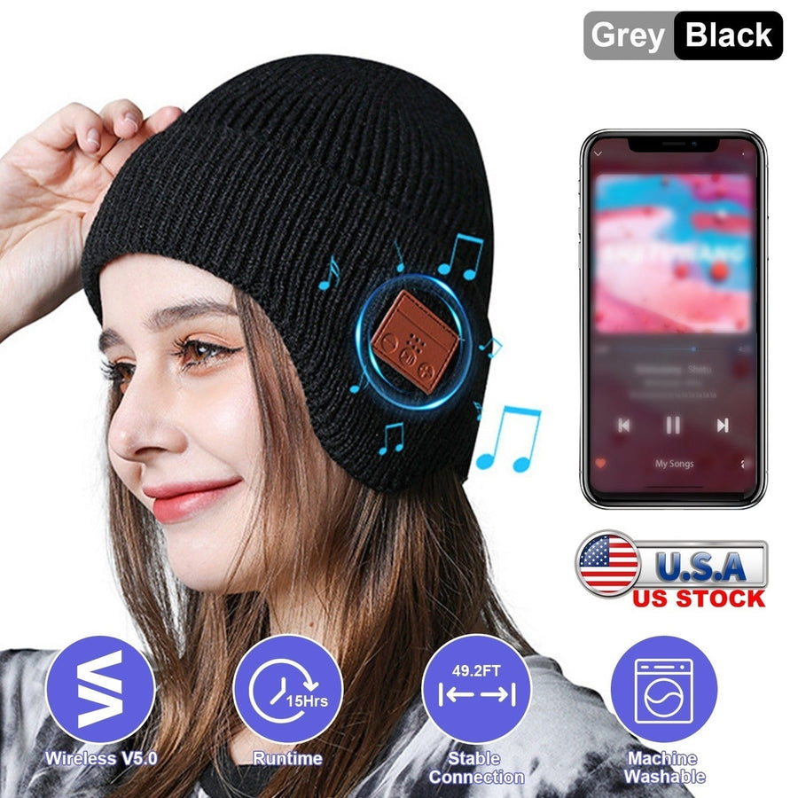 Wireless V5.0 Beanie Hat with Headphones Winter Stylish USB Rechargeable Music Beanie Headset Gift for Music Lovers Men Image 1
