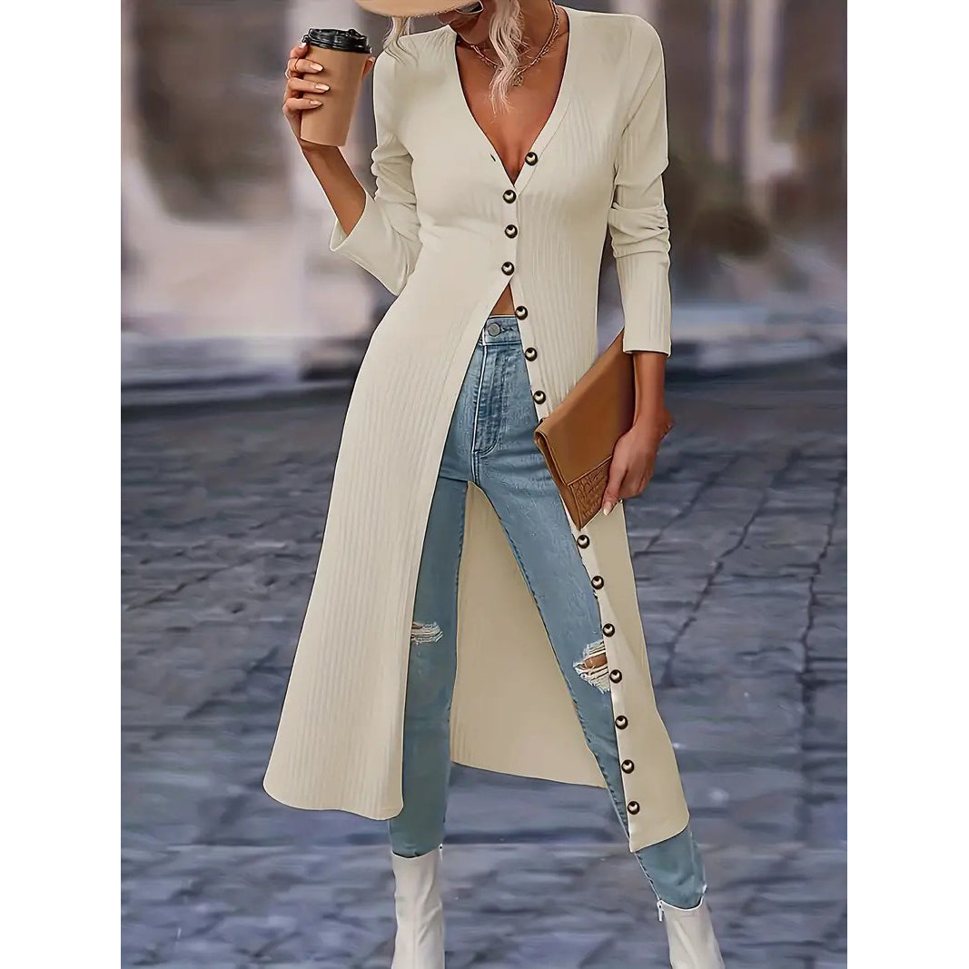 Solid Button Down Knit Cardigan, Elegant Long Sleeve Long Length Slim Cardigan, Women's Clothing Image 1