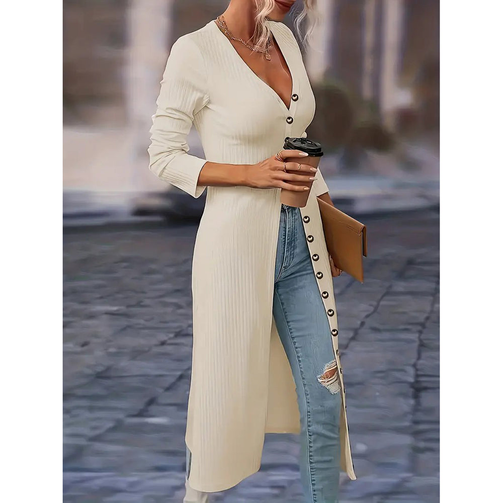 Solid Button Down Knit CardiganElegant Long Sleeve Long Length Slim CardiganWomens Clothing Image 2