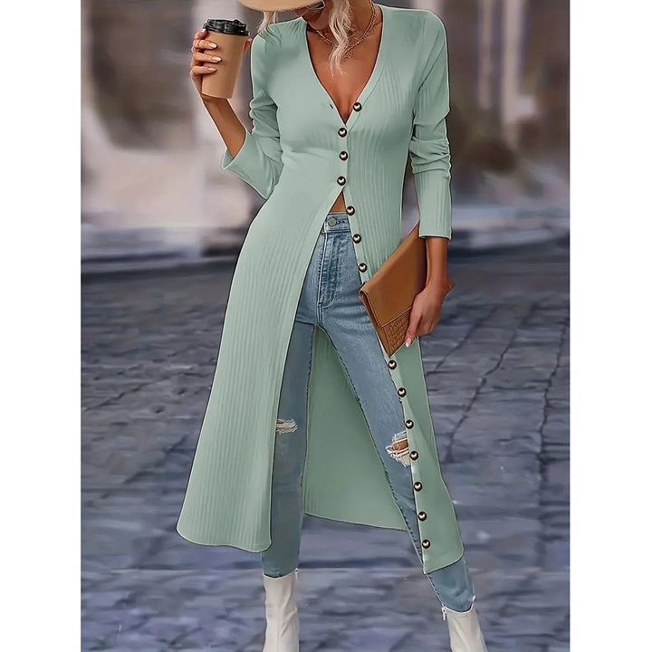 Solid Button Down Knit Cardigan, Elegant Long Sleeve Long Length Slim Cardigan, Women's Clothing Image 1
