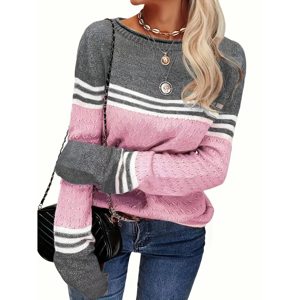 Color Block Boat Neck Knitted TopCasual Long Sleeve Pullover Sweater For Fall and WinterWomens Clothing Image 2