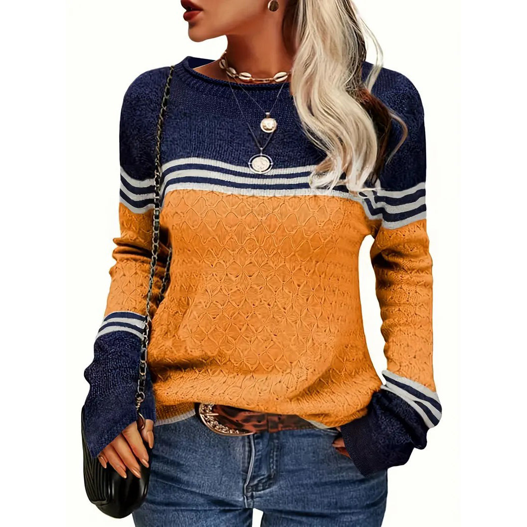 Color Block Boat Neck Knitted Top Casual Long Sleeve Pullover Sweater For Fall and Winter Womens Clothing Image 4