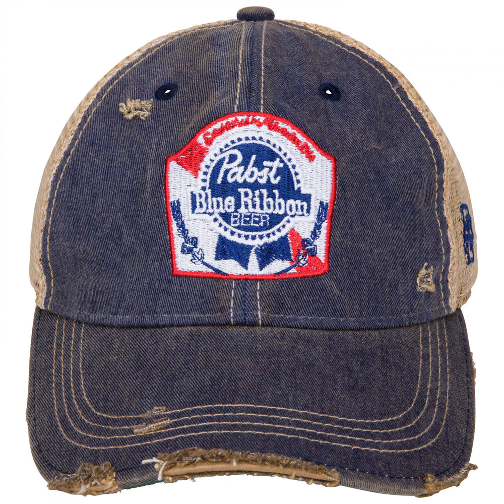 Pabst Blue Ribbon Logo Distressed Denim Trucker Hat Image 2