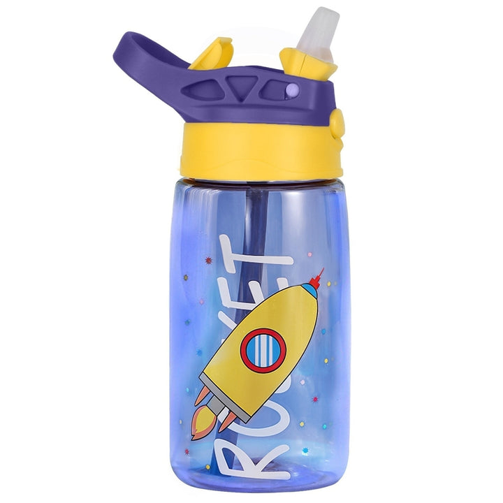 16.2Oz Leak proof Kids Water Bottle with Straw Push Button Sport Water Bottle for Kids Crab Ship Jellyfish Rocket Image 4