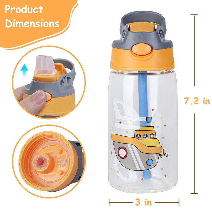 16.2Oz Leak proof Kids Water Bottle with Straw Push Button Sport Water Bottle for Kids Crab Ship Jellyfish Rocket Image 7