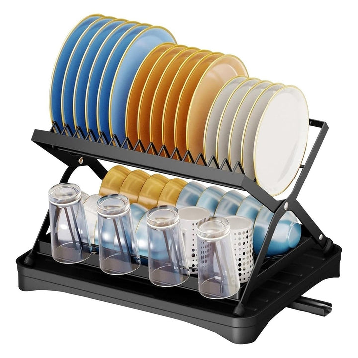 2 Tier Dish Drying Rack with Cup Holder Foldable Dish Drainer Shelf for Kitchen Countertop Rustproof Utensil Holder with Image 1