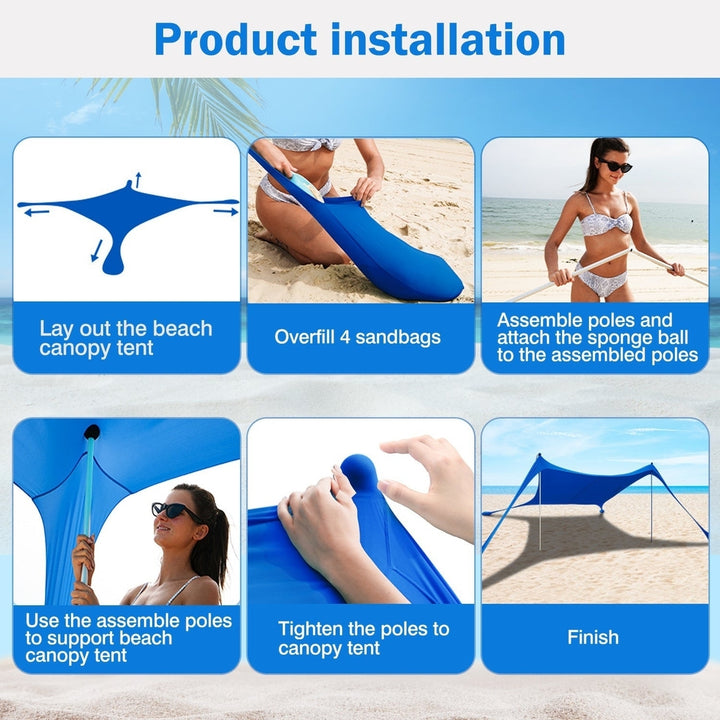 Foldable Beach Canopy Tent Collapsible Shade Sail Sun Protection Windproof Shelter 4 Sandbag 2 Pole Portable Storage Bag Image 6