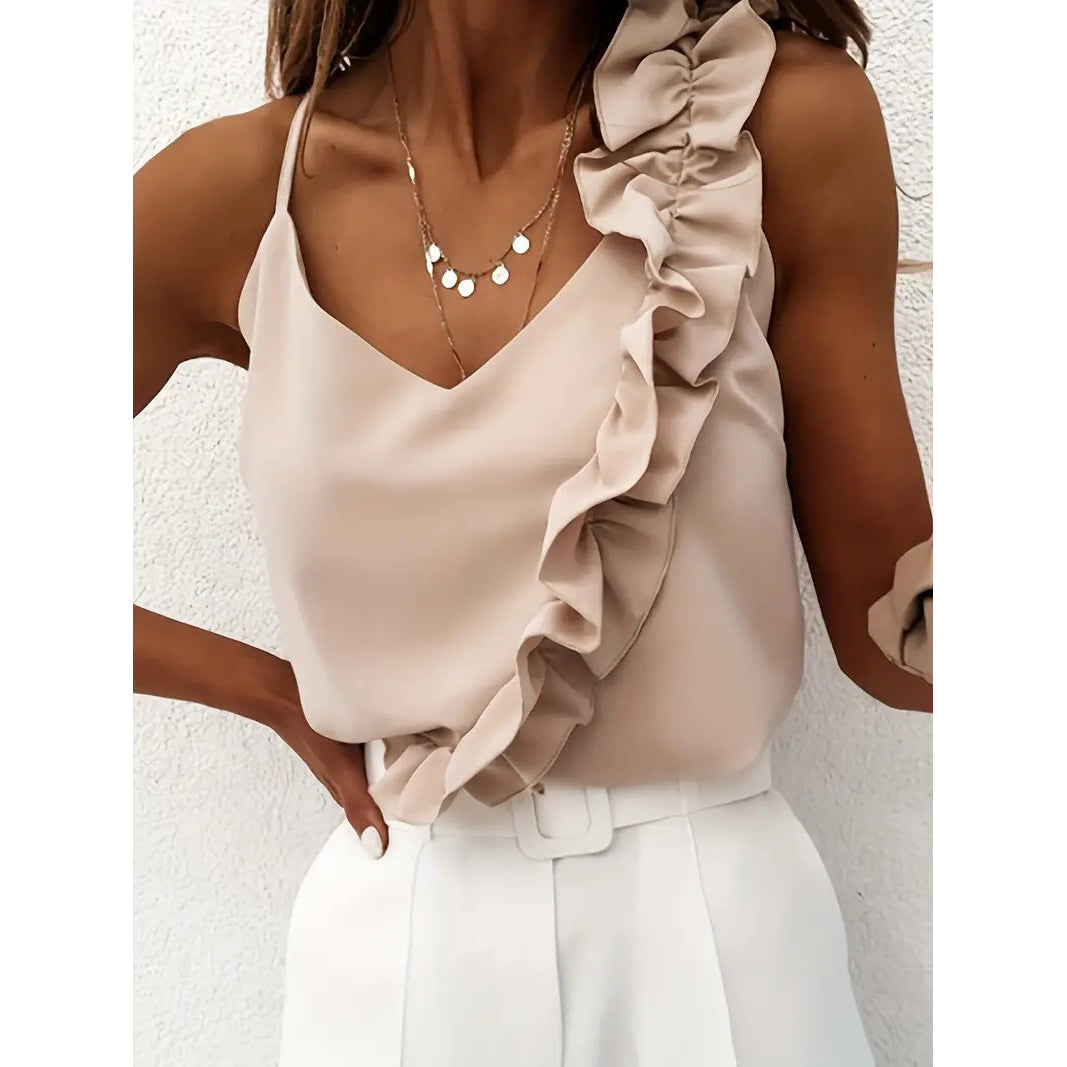 Ruffle Hem Spaghetti Strap Top Elegant V-neck Sleeveless Cami Top For Summer Womens Clothing Image 1