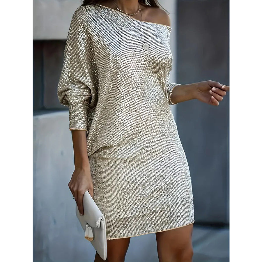 Contrast Sequin Solid DressParty Wear V Neck Long Sleeve DressWomens Clothing Image 1