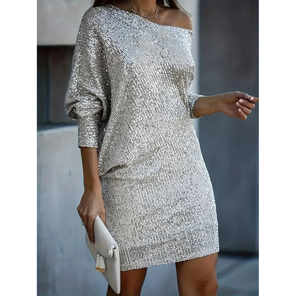 Contrast Sequin Solid DressParty Wear V Neck Long Sleeve DressWomens Clothing Image 2